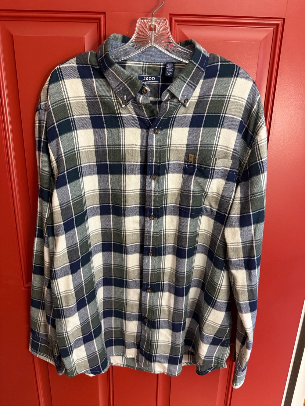 IZOD Men’s Green & Navy Plaid Button-Down Flannel size XL